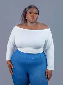 CurvyTilda Plus Size Women's Casual Off Shoulder Short White Long Sleeve T-Shirt Off The Shoulder Crop Top, Fall Top For Women, For Hourglass Body Shape