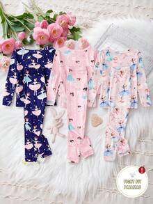 6件套少女芭蕾印花长袖上衣和裤子睡衣套装，适合女孩在家休闲穿着，可作睡衣或家居服。简约的设计风格易于搭配，让年轻女孩在家也能展现时尚活力。 - 彩色 - 查看 2