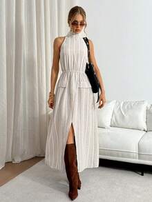 Siren Gaze Siren Gzae Women's Striped Split Hem Halter Long Dress,Elegant Light Beige Summer Chic Everyday Casual Outfits,Classy Terno Co Ord Outfit For Women - Apricot - View 2