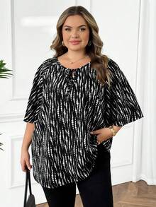 SHEIN CURVE+ 大码女式情人节系领印花荷叶袖衬衫，春冬季 - 彩色 - 查看 6