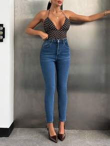 SHEIN Dam Casual Höga Tvättade Skinny Jeans - Mediumtvätt - Visa 5