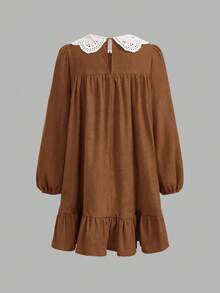 SHEIN Tween Girl Corduroy Patchwork Lace Peter Pan Collar Long Sleeve Dress,Elegant Brown And White A-Line Cake Dress For Autumn Tea Party,Back-To-School - Rust Brown - View 2