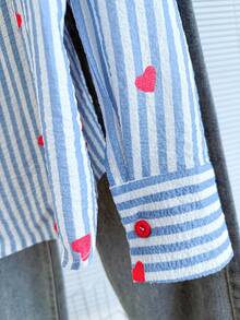 Resyla Women's Heart Print Long Sleeve Blue And White Stripe Shirt,Cute Preppy Tops For School,Back-To-School Autumn Basic Commuter Casual Cherry Shirt - Blue and White - View 4