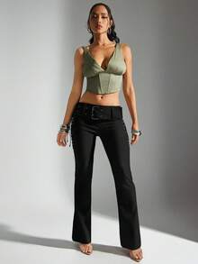 Denimoi Belted Fit & Flare Lace Up Side Mid Rise Pant - Black - View 3