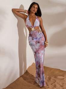 Opulessa Vestido de playa sin espalda con estampado animal para mujer - Multicolor - Ver 2