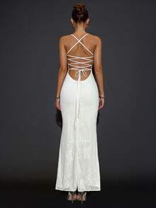 SHEIN BAE 女士优雅超长亮片刺绣吊带鱼尾连衣裙，黑色迷你派对礼服，适合鸡尾酒会、正式宴会、盛大晚宴、节日活动、万圣节、圣诞节等场合。 - 白色 - 查看 2