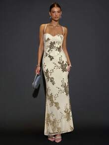 SHEIN BAE 女士优雅超长亮片刺绣吊带鱼尾连衣裙，黑色迷你派对礼服，适合鸡尾酒会、正式活动、晚宴、节日派对、万圣节、圣诞节等场合。 - 杏色 - 查看 3