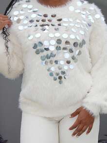 Steph T Elegancki, luksusowy, francuski sweter z norek z okrągłym dekoltem i haftem koralikowym
