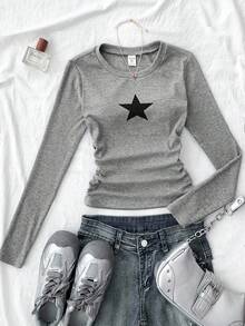 Teen Girls Solid Color Star Pattern Pleated Camisole, Suitable For Casual Wear, Winter Cute Tops - Light Grey - View 8