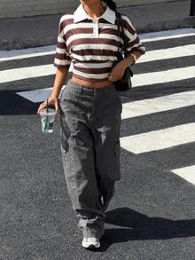 Muchica Áo thun nữ tay ngắn cổ polo kẻ sọc nâu mới, kiểu dáng thời trang, thích hợp đi chơi, phong cách đường phố, Y2K. - Nhiều màu - Xem 6