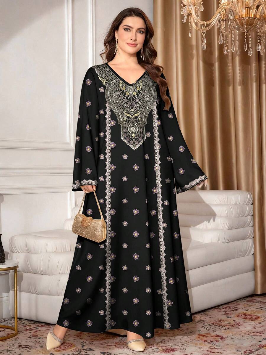 SHEIN Najma 大码女式花卉几何图案仿刺绣数码印花V领长袖优雅阿拉伯风格长款连衣裙，春夏款 - 彩色 - 查看 1