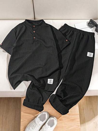 Vacaura Set de 2 piezas Camisa polo de manga corta acanalada y pantalones alargados, conjunto deportivo casual de caballero para adolescentes