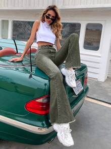 SHEIN LUNE High-Rise Raw Hem Slant Pocket Casual Flare Jeans - Green - View 3