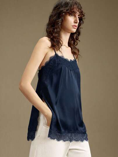 Ontre Women's Navy Blue Satin Charmeuse Fabric Comfortable Soft Lace Trim Spaghetti Strap Side Slit Design Camisole Top, Suitable For Urban Commute, Business Casual, Elegant, Valentine's Day, Summer, Wedding Guest, Holiday