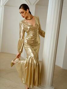ZEYLAH Women's Elegant Long Sleeve Dress, Simple & Chic, Gold Color - Champagne - View 1