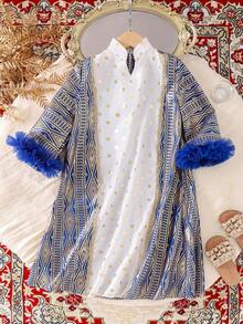 Đầm chấm bi ánh kim màu xanh dương cho bé gái, kiểu dáng mùa xuân/thu, thời trang Trung Đông thanh lịch, cổ đứng. - Màu xanh lam - Xem 3