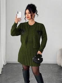 Elenzga Đầm không tay thanh lịch dành cho nữ kèm áo khoác cardigan dài tay, bộ đồ dệt kim dáng rộng cỡ lớn, áo khoác ngoài, trang phục mùa đông - xanh quân đội - Xem 7