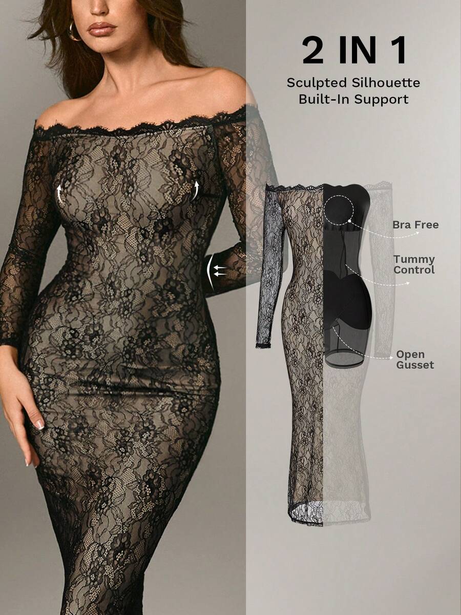 Nuvra Robe de maintien à manches longues et décolleté profond avec double couche et doublure. Robe galbante et sculptante pour la taille et les fesses, longueur intégrale - Noir - Voir 1