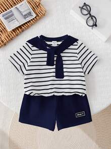 SHEIN 3件套男/女婴夏季可爱条纹短袖上衣、松紧腰短裤、披肩三件套，适合生日派对、晚宴、演出、婚礼、满月、洗礼、一周岁生日庆祝、迎婴派对等场合。