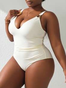 Swim Lushoire 新款加大码女士连体水滴形装饰宽肩带收腹高腰比基尼泳衣，米色 - 米色 - 查看 3