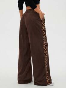 SHEIN LUNE Women's Leopard Print Patchwork Casual Straight Leg Pants, Autumn/Winter - Brown - View 2
