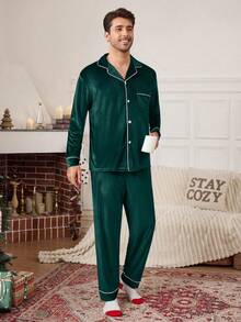 CoupledUp 男士纯色丝绒纽扣长袖睡衣套装 - 墨綠色 - 查看 3