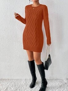 SHEIN LUNE Women's Twist Knit Sweater Dress For New Year Clothes - Coral Orange - View 6