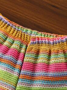 SHEIN Vintaside Kids 2件套女婴花卉彩虹条纹针织无袖上衣，带波点荷叶边 + 舒适阔腿短裤，夏季 - 黃色 - 查看 3