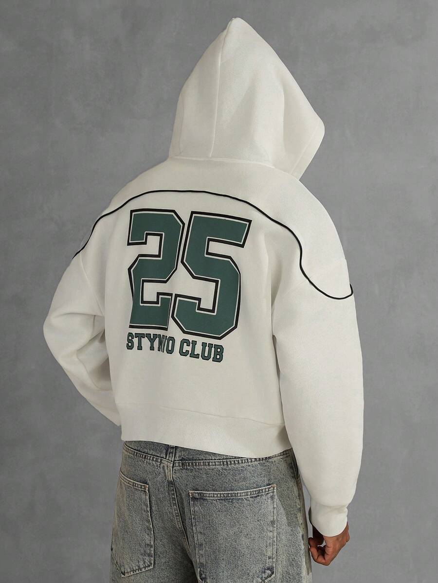 STYNVO 男士宽松落肩拉链休闲连帽卫衣,俱乐部短款拉链男士短款印花街头连帽衫,白色印花短款连帽衫,Y2K印花连帽卫衣,印花长袖上衣 - 白色 - 查看 1