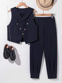 SHEIN Tween Boy Gentleman Suit Grey Blazer Vest Elastic Waist Pants Set, Suitable For Birthday Party, Evening Event, Performance, Wedding, Baby Shower, 1st Birthday Celebration - Royal Blue - View 3