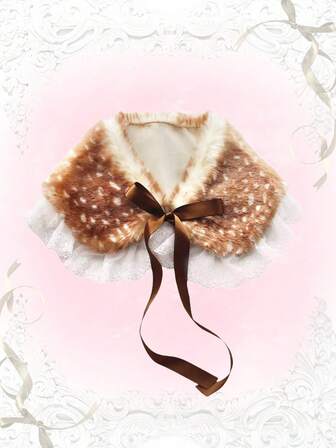 Fairycore 1 pieza Adorable chal de peluche con diseño de ciervo, bufanda con volantes de encaje y lazo, accesorios de moda cálidos para otoño/invierno