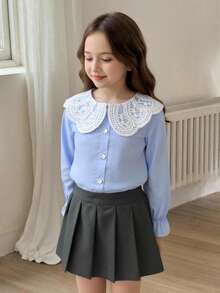 Elladie kids 新款时尚甜美蕾丝领白色长袖女式衬衫，百搭内搭 - 淺藍色 - 查看 4