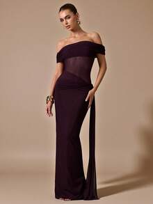 SHEIN BAE Burgundy Maroon Off-The-Shoulder Waist See-Through Sexy Bodycon Maxi Elegant Dress Suitable For Holidays, Weddings, Birthdays, Graduation Season - Burgundy - View 5