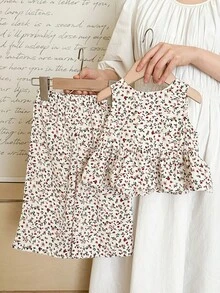 SHEIN LMoss Kids 2pcs Baby Girl Ditsy Floral Sleeveless Top And Loose Casual Pants Set - Apricot - View 2