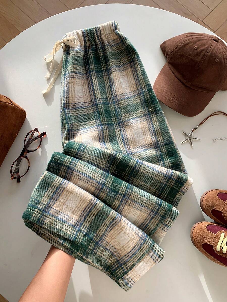 Comfortcana Quần ống rộng dáng suông thoải mái, chất liệu vải kẻ caro, cạp chun, dành cho nữ. - màu xanh lá - Xem 1