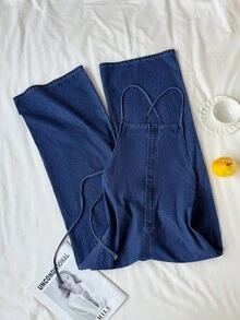 Comfortcana Women's Casual Washed Wide Leg Denim Jumpsuit - Dark Wash - View 1