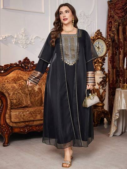 Al Najma Plus Size Elegant Floral Collar 2 In 1 Dress