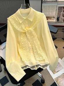 Resyla Plus Size Women's Solid Color Fashionable Lace Front Button Casual Versatile Blouse - Yellow - View 1