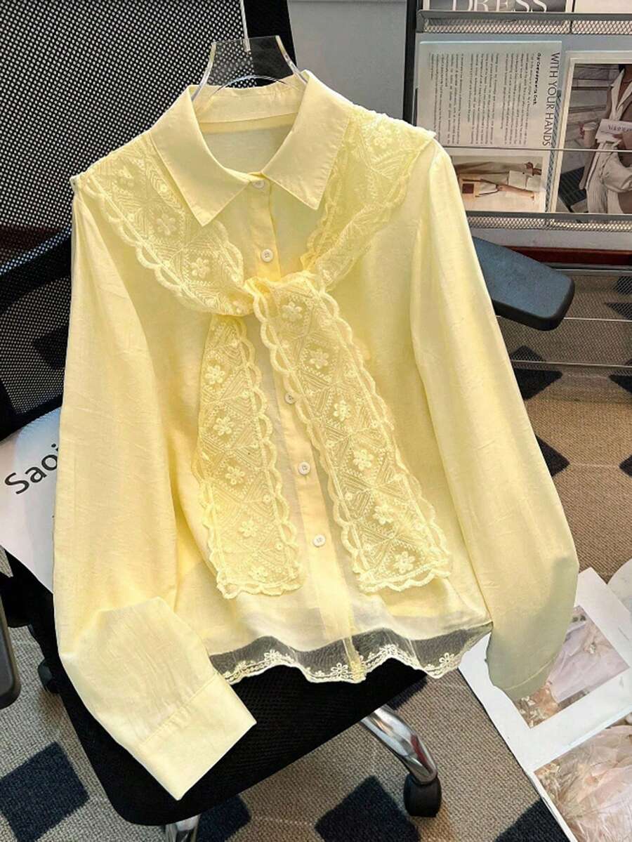 Resyla Plus Size Women's Solid Color Fashionable Lace Front Button Casual Versatile Blouse - Yellow - View 1