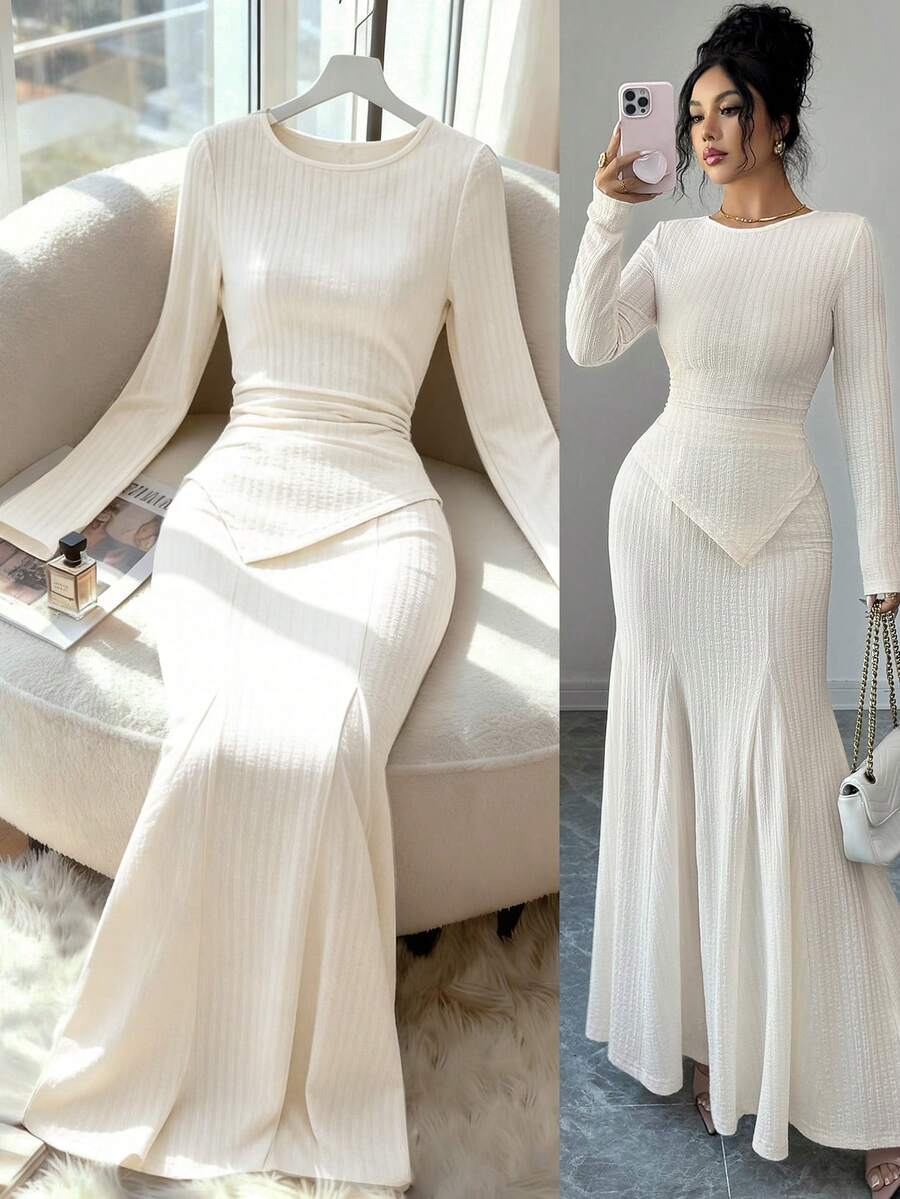 Modelyn Bộ 2 áo thun trơn màu không đối xứng và chân váy đuôi cá cho nữ