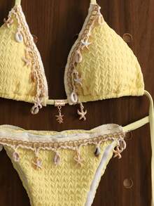 Swim Vcay 2026新款春季柠檬奶油黄纹理针织比基尼套装，三角挂脖式泳衣，饰以贝壳和海星图案，高腰巴西式泳裤，可调节细肩带，超柔软弹力面料，海滩度假必备，泳池派对必备 - 黃色 - 查看 6