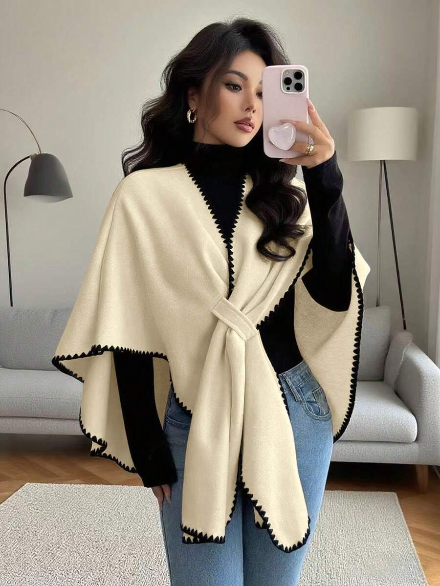 Islaluna 新款秋冬披肩式羊毛斗篷，百搭优雅，女士必备 - 杏色 - 查看 1