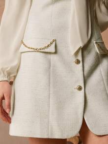 Enchnt Spring Autumn Women's Elegant Off-White Tweed Tie Collar Lantern Sleeve Mini Dress,Chic For Work,Date&&Daily Commute White Dresses - White - View 2