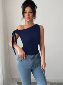 SHEIN PETITE Áo thun nữ cổ bẻ thắt nơ vai trơn màu thanh lịch - Màu xanh bụi bặm - Xem 4
