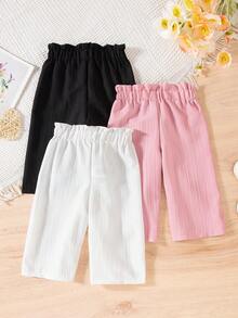 SHEIN Bộ 3 món quần ống rộng cài nút đơn sắc thoải mái, dễ mặc cho bé gái, thích hợp mặc hàng ngày vào mùa xuân và mùa thu, hoạt động ngoài trời - Nhiều màu - Xem 2