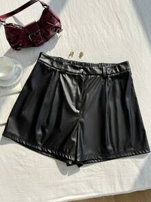 SHEIN EZwear 大码女式休闲高腰PU黑色短裤，春夏款 - 黑色 - 查看 5
