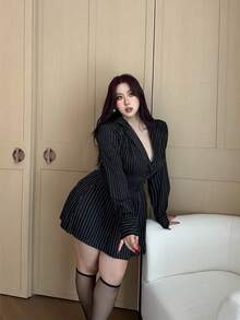 Vibekara Plus Size Women Striped Lapel NeckLong Sleeve Single-Breasted Casual Shirt - Black - View 5
