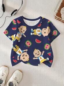 CoComelon X SHEIN Baby Boy Casual Cartoon Pattern Round Neck Short Sleeve Top, Summer - White - View 1