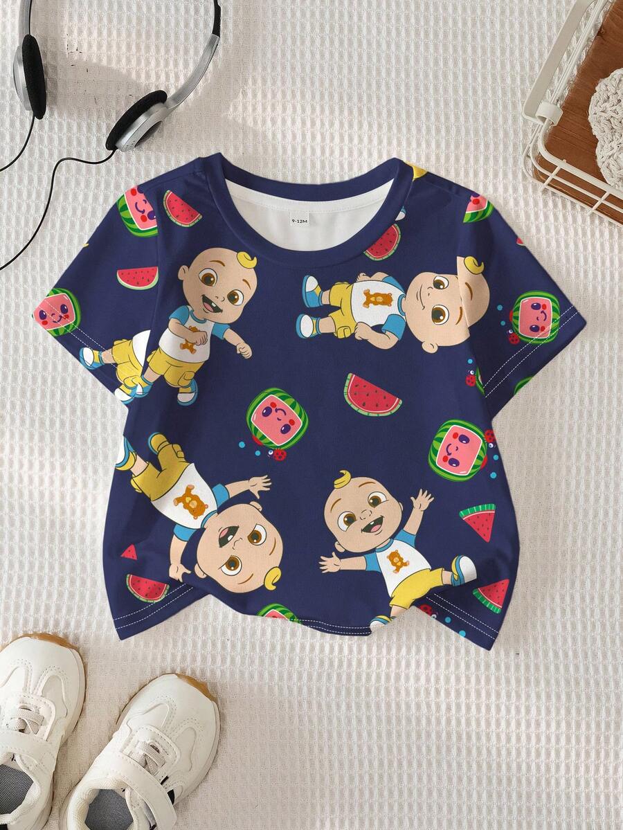 CoComelon X SHEIN Baby Boy Casual Cartoon Pattern Round Neck Short Sleeve Top, Summer - White - View 1