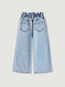 SHEIN Calça jeans feminina casual boho com babados de girassol, cintura elástica e lavagem macia, ideal para férias na primavera e verão. Perfeita para o dia a dia, looks streetwear, praia e férias. Jeans casual com estampa, ideal para bebês e crianças de 4 anos. - Lavagem leve - Ver 6